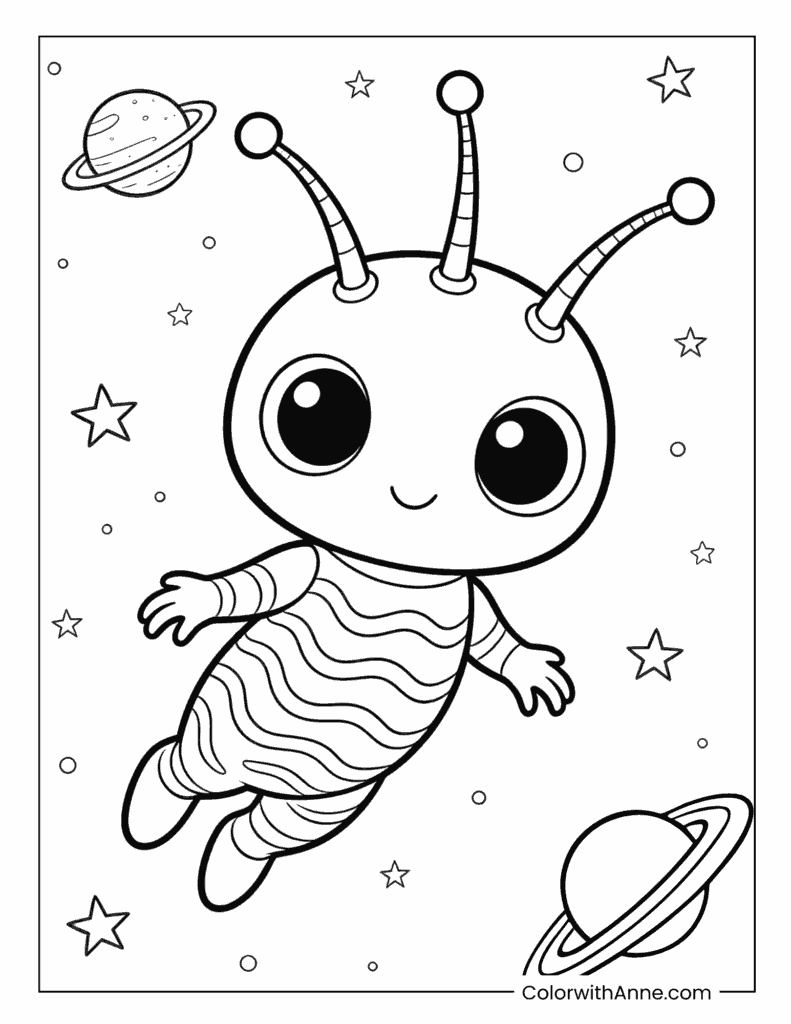 Floating Alien with Starry Background Coloring Page