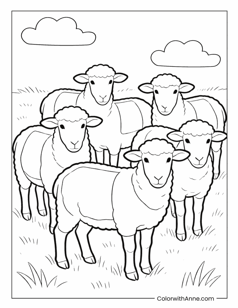Flock of Five Sheep in Grassy Meadow Coloring Page