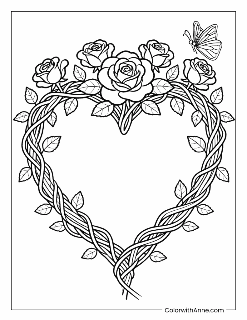 Floral Heart with Roses and Butterfly Coloring Page