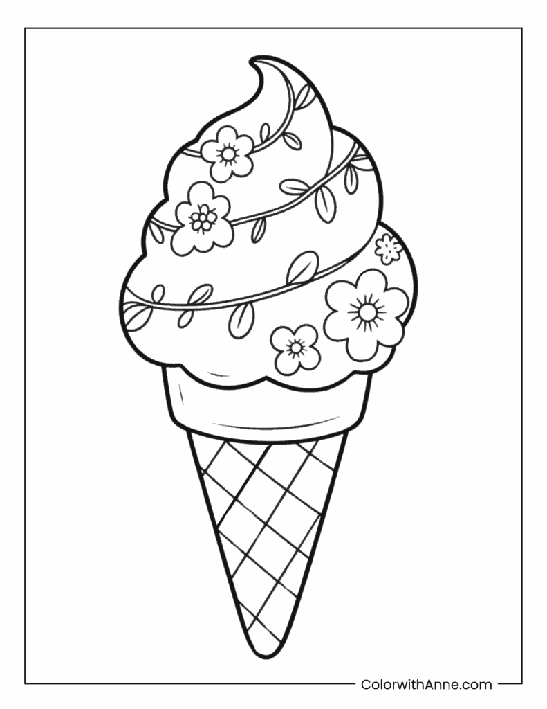Floral Ice Cream Cone Coloring Page