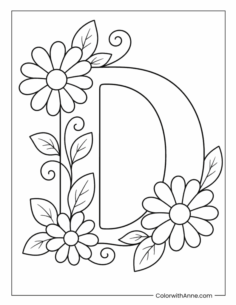 Floral Letter D Easy Daisy Coloring Page