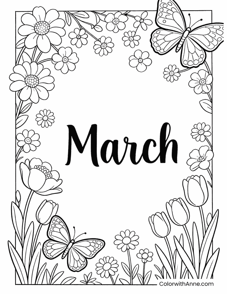 Floral Pattern March Lettering Coloring Page