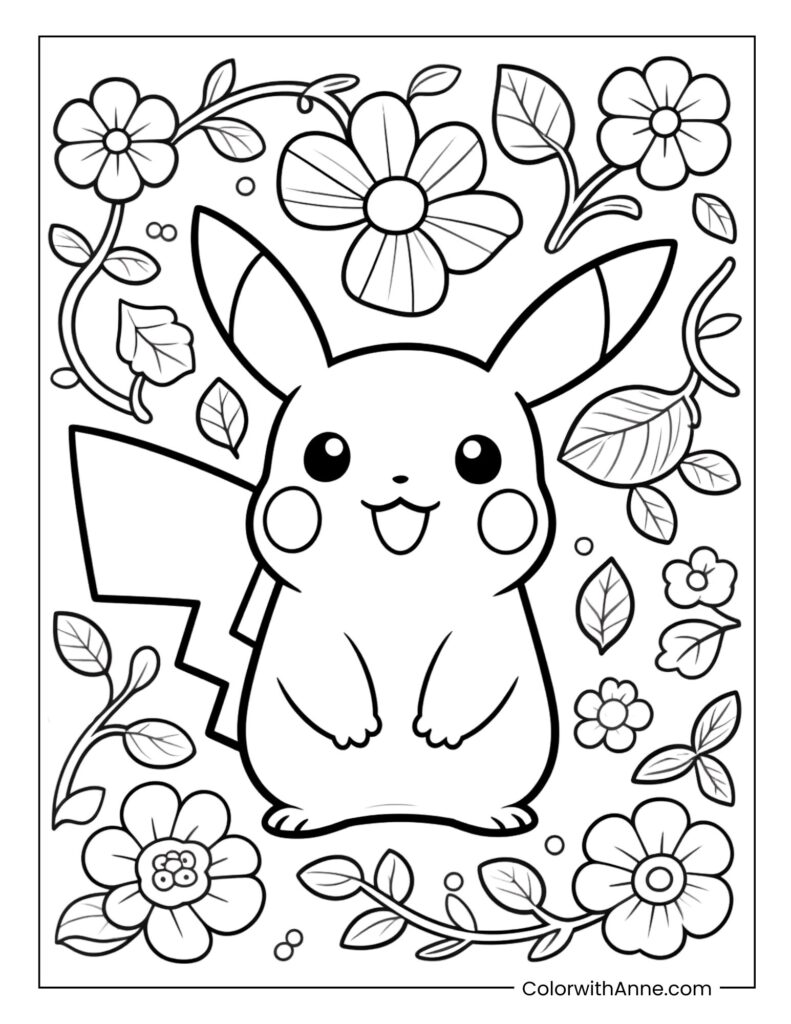 Floral Pikachu Pattern Coloring Page