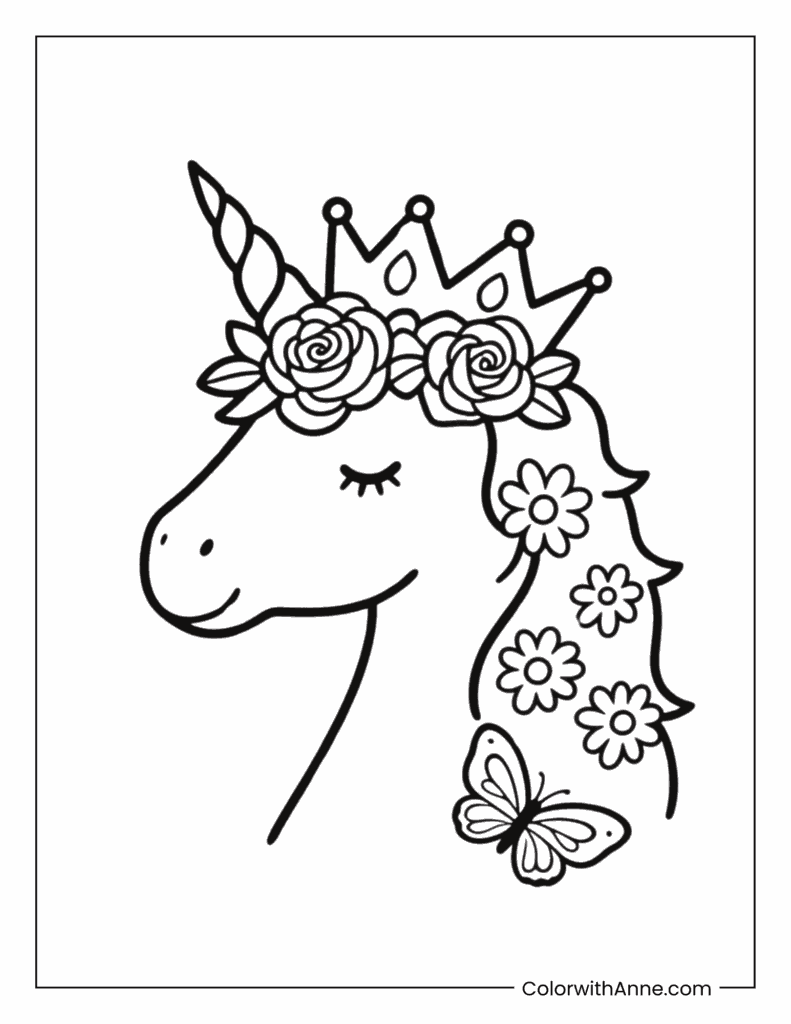 Flower Crown Unicorn Coloring Page