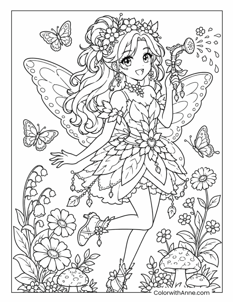 Flower Fairy Anime Girl Coloring Page