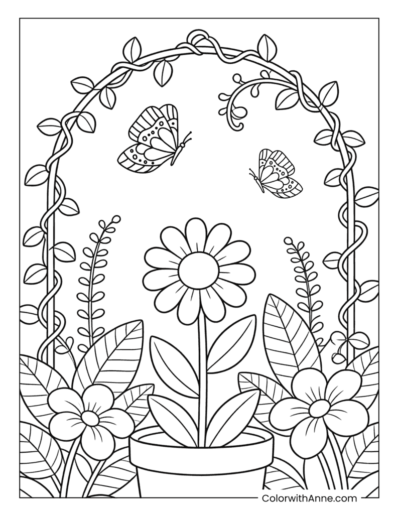 Flower Pot with Vine Arch Coloring Page