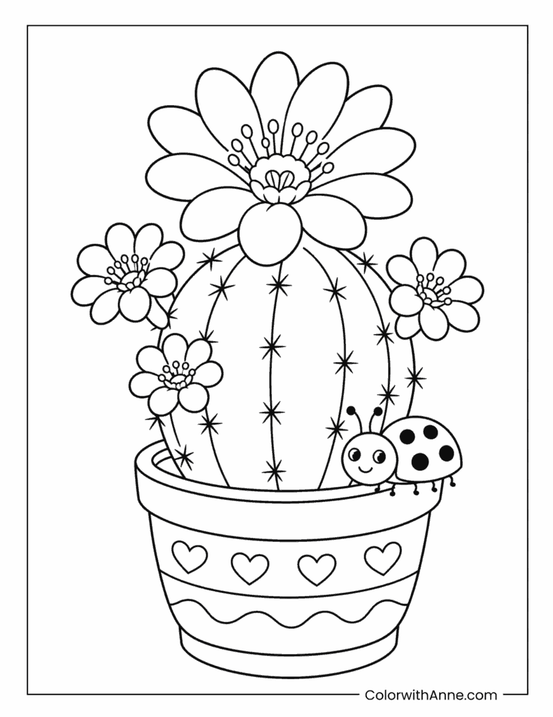 Flowering Cactus with Ladybug Coloring Page