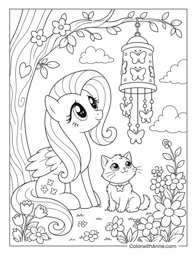Fluttershy Admiring a Butterfly Wind Chime with Her Kitten Coloring Page
