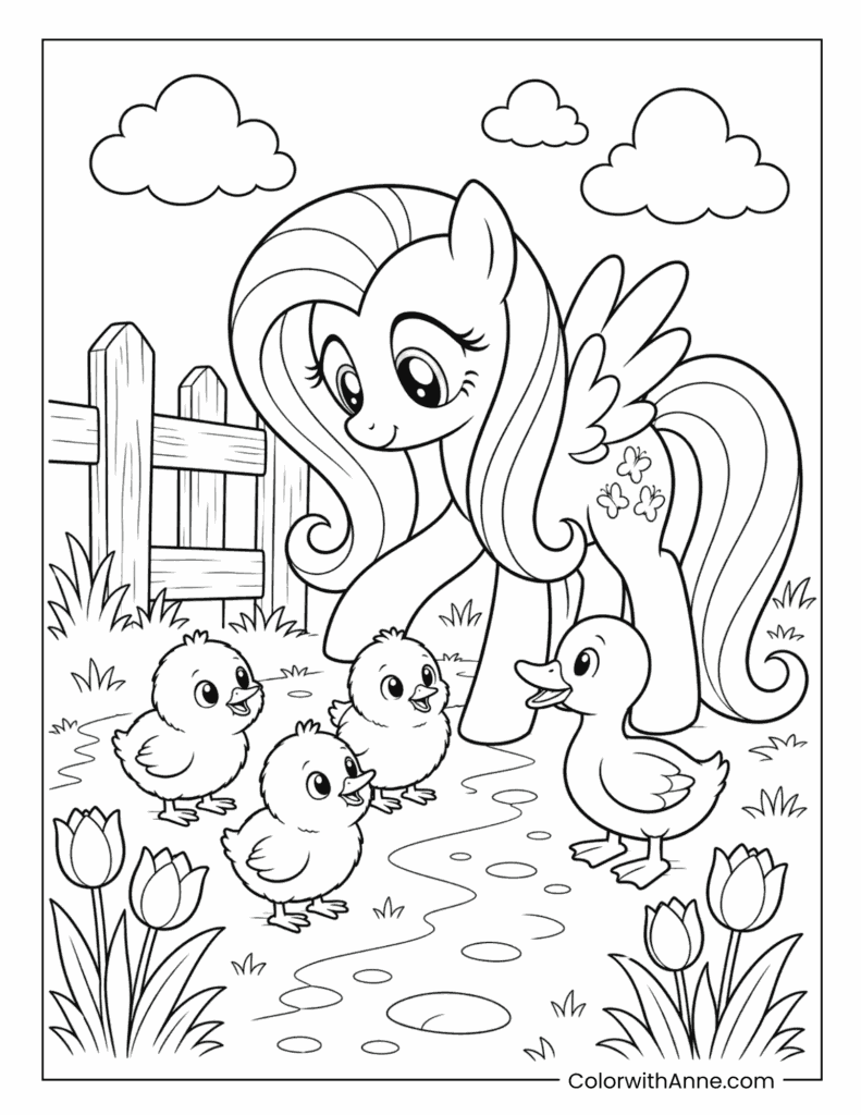 Fluttershy Caring for Ducklings by the Garden Pond Coloring Page