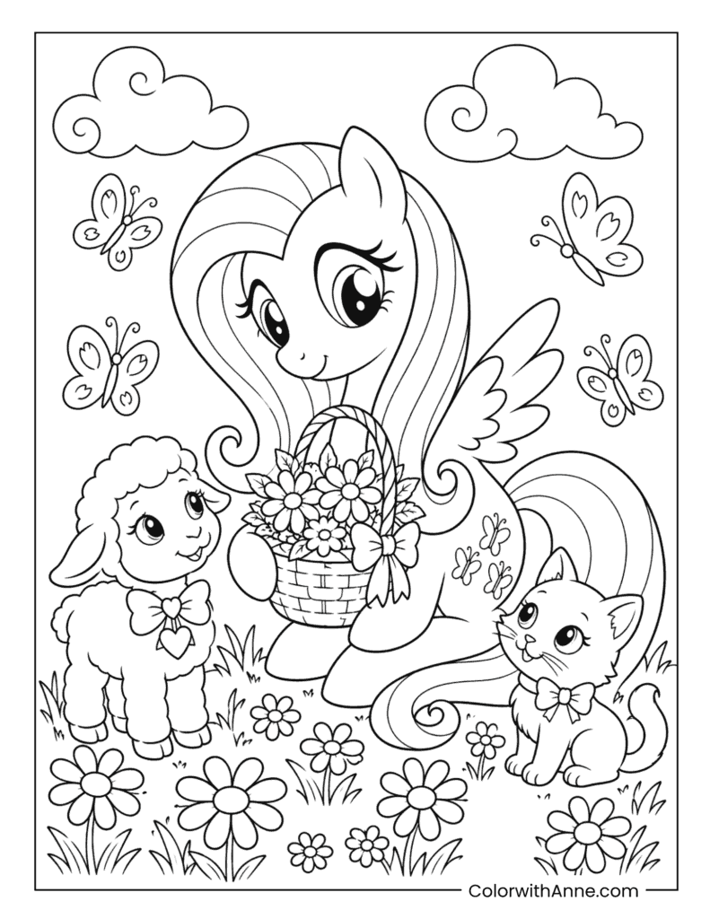 Fluttershy Carrying a Flower Basket with Her Animal Friends Coloring Page
