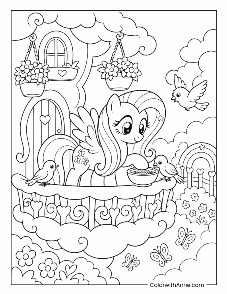 Fluttershy Feeding Birds on a Cloudy Cottage Balcony Coloring Page