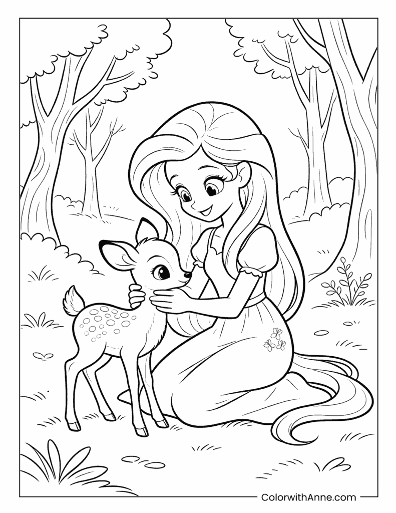 Fluttershy Girl with Baby Deer Coloring Page