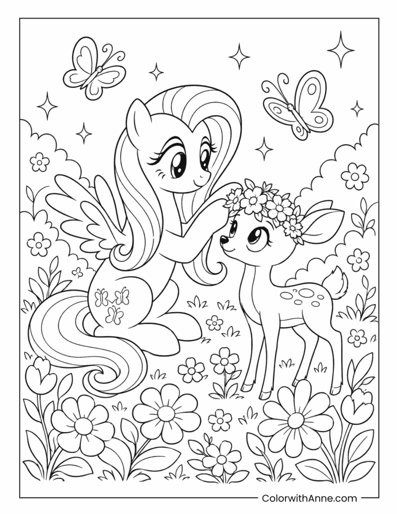 Fluttershy Giving a Flower Crown to a Little Deer Coloring Page