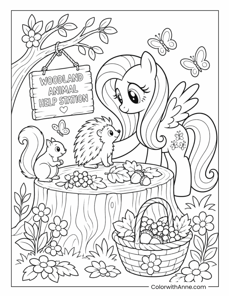 Fluttershy Helping Woodland Animals at the Forest Care Station Coloring Page