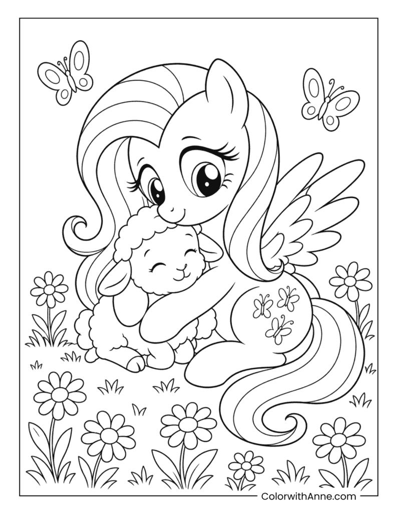 Fluttershy Hugging a Fluffy Lamb in a Daisy Meadow Coloring Page
