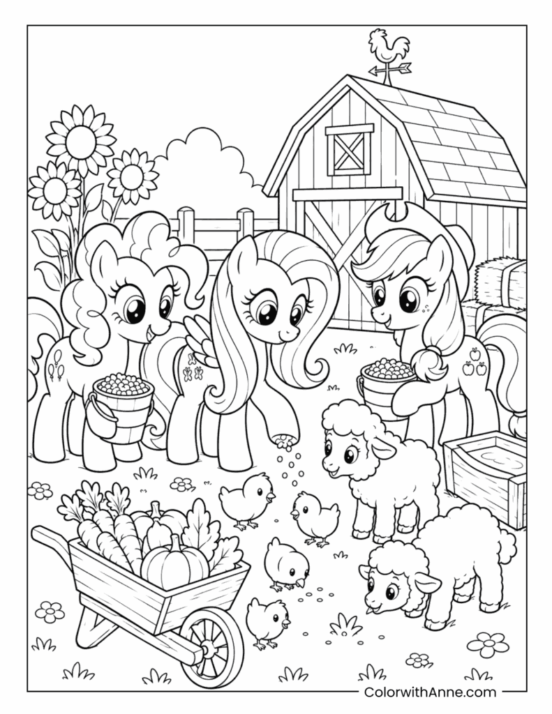 Fluttershy, Pinkie Pie, and Applejack Feeding Farm Animals Coloring Page