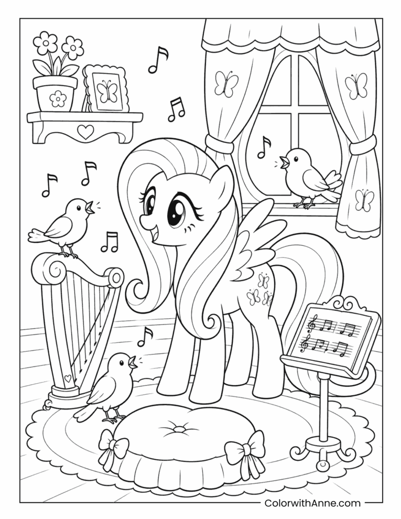 Fluttershy Playing the Harp with Singing Birds Coloring Page