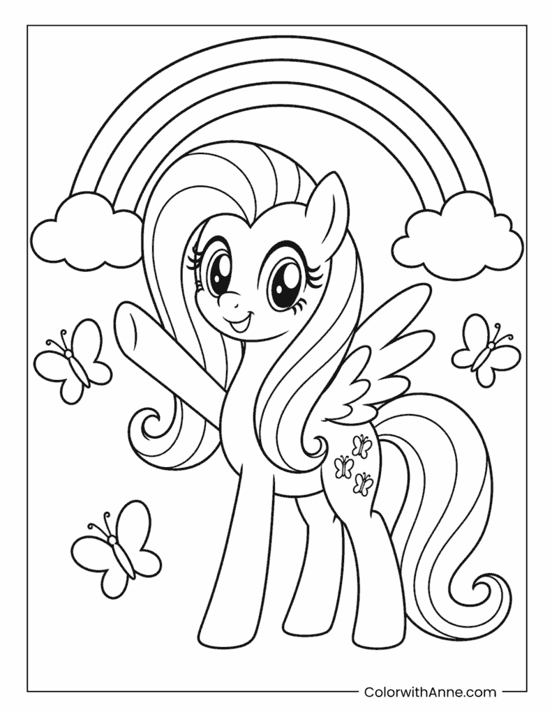 Fluttershy Posing Beneath a Rainbow with Butterflies Coloring Page