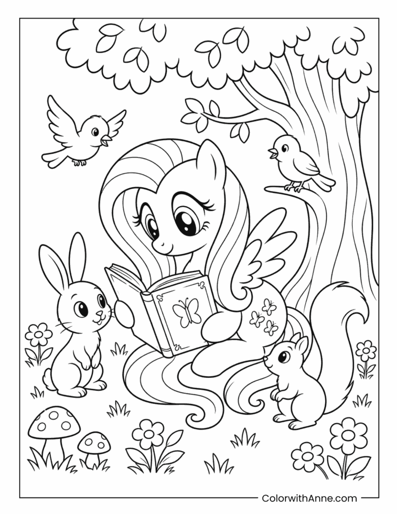 Fluttershy Reading a Story to Forest Friends Coloring Page