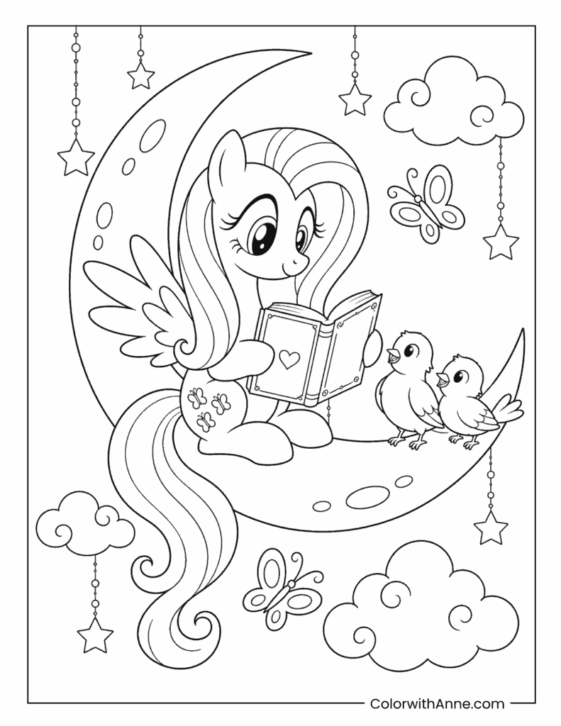 Fluttershy Reading to Birds on a Crescent Moon Coloring Page