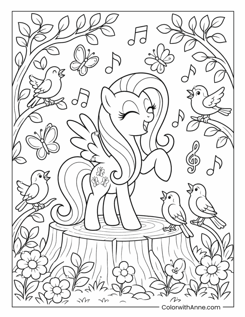 Fluttershy Singing with Birds and Butterflies Coloring Page