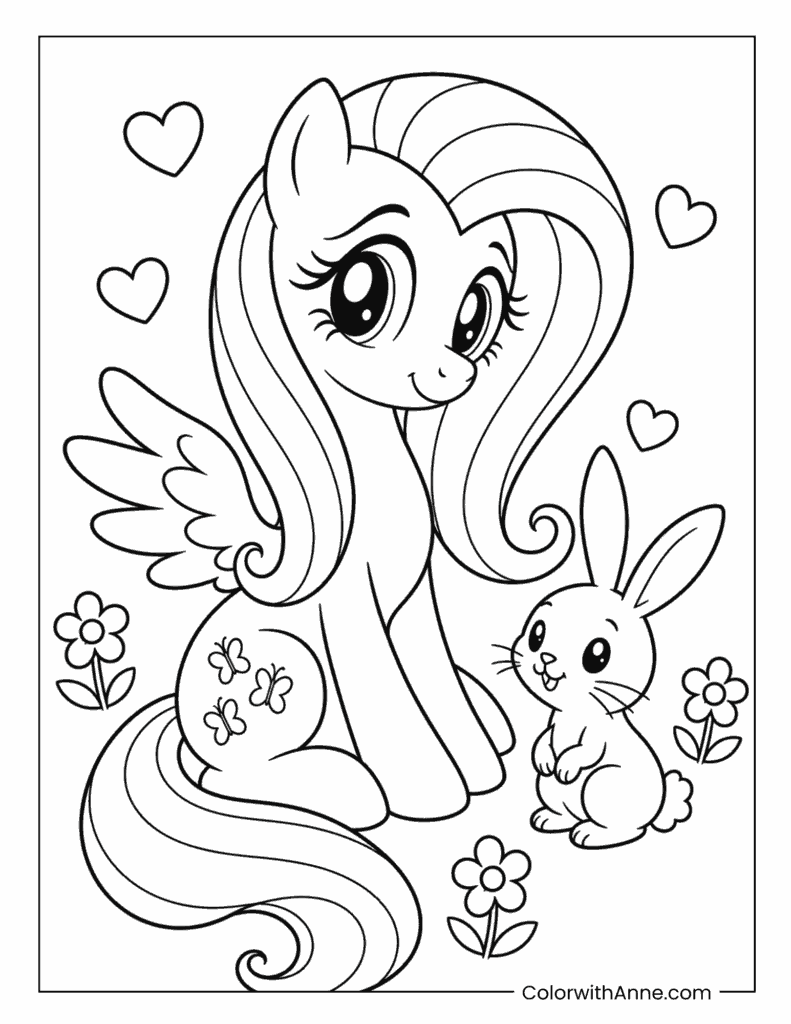 Fluttershy Sitting with a Sweet Bunny and Floating Hearts Coloring Page
