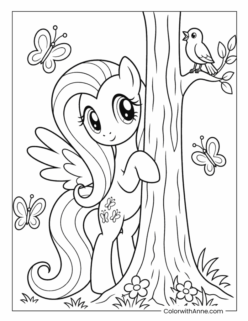 Fluttershy Standing Beside a Tree with Birds and Butterflies Coloring Page