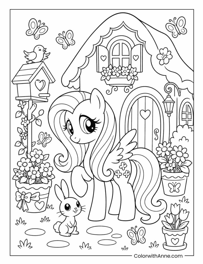 Fluttershy Visiting Her Flower-Filled Cottage with a Bunny Coloring Page