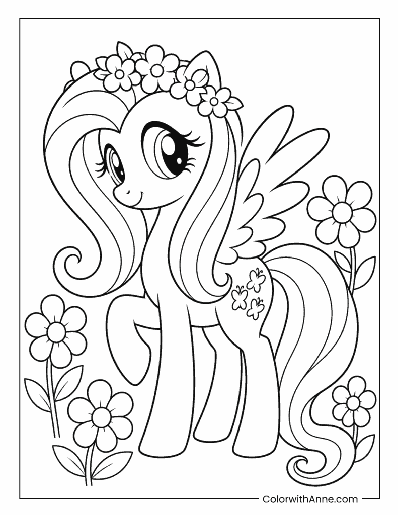 Fluttershy Wearing a Pretty Flower Crown Coloring Page