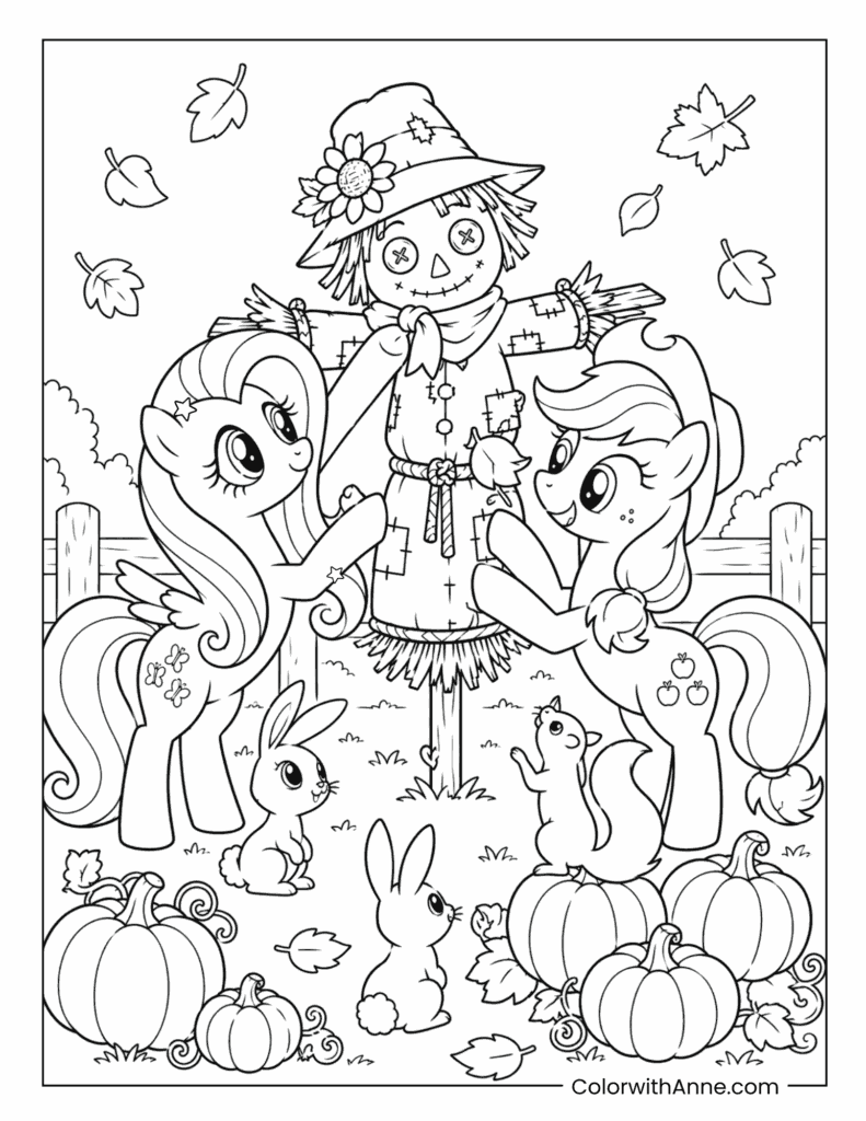 Fluttershy and Applejack Decorating a Scarecrow in the Pumpkin Patch Coloring Page