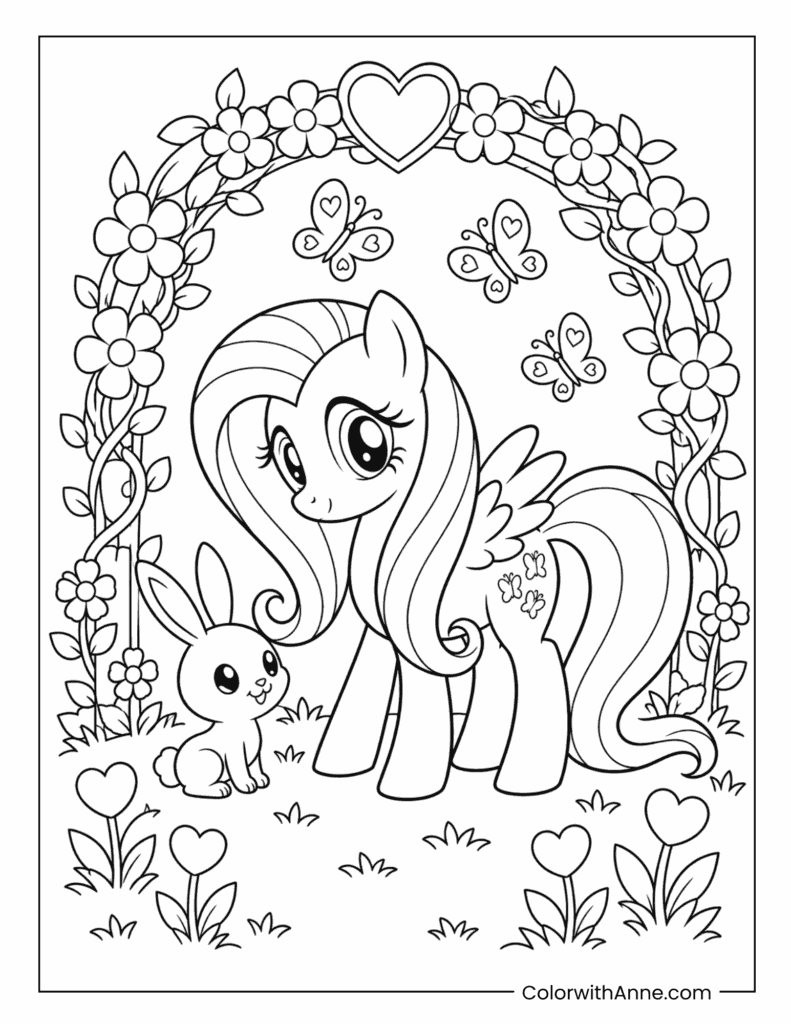 Fluttershy and Her Bunny Beneath a Flower Arch Coloring Page