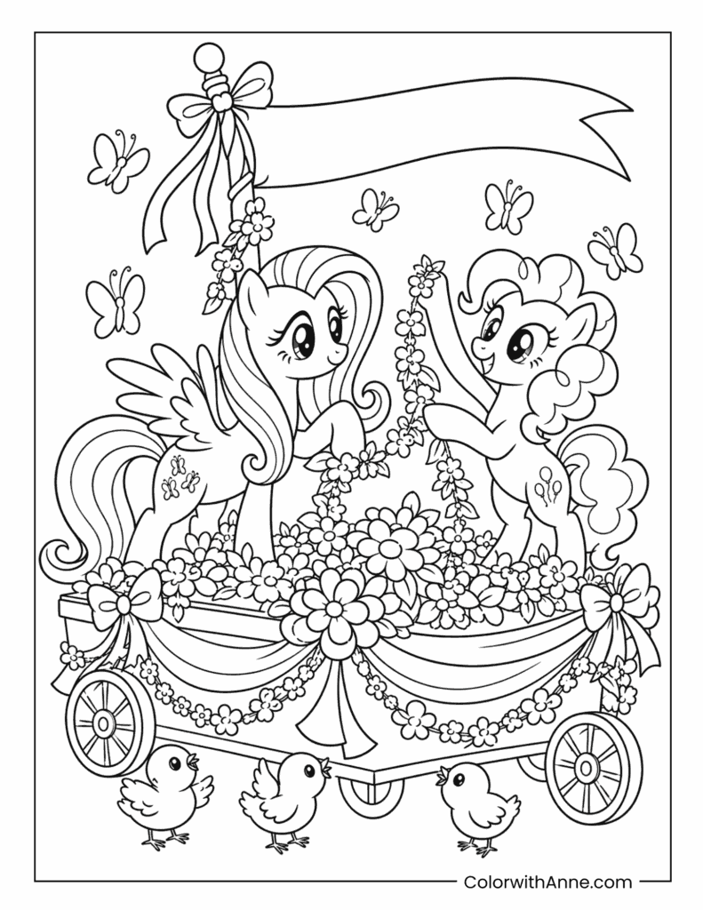 Fluttershy and Pinkie Pie Decorating a Flower Parade Float Coloring Page