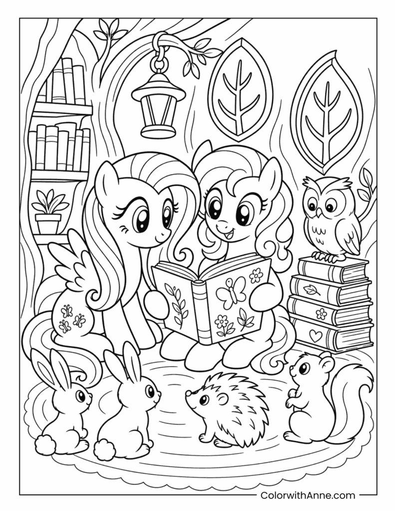 Fluttershy and Pinkie Pie Reading to Woodland Animals Coloring Page