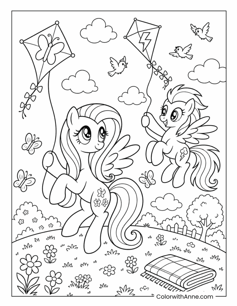 Fluttershy and Rainbow Dash Flying Kites at a Picnic Coloring Page