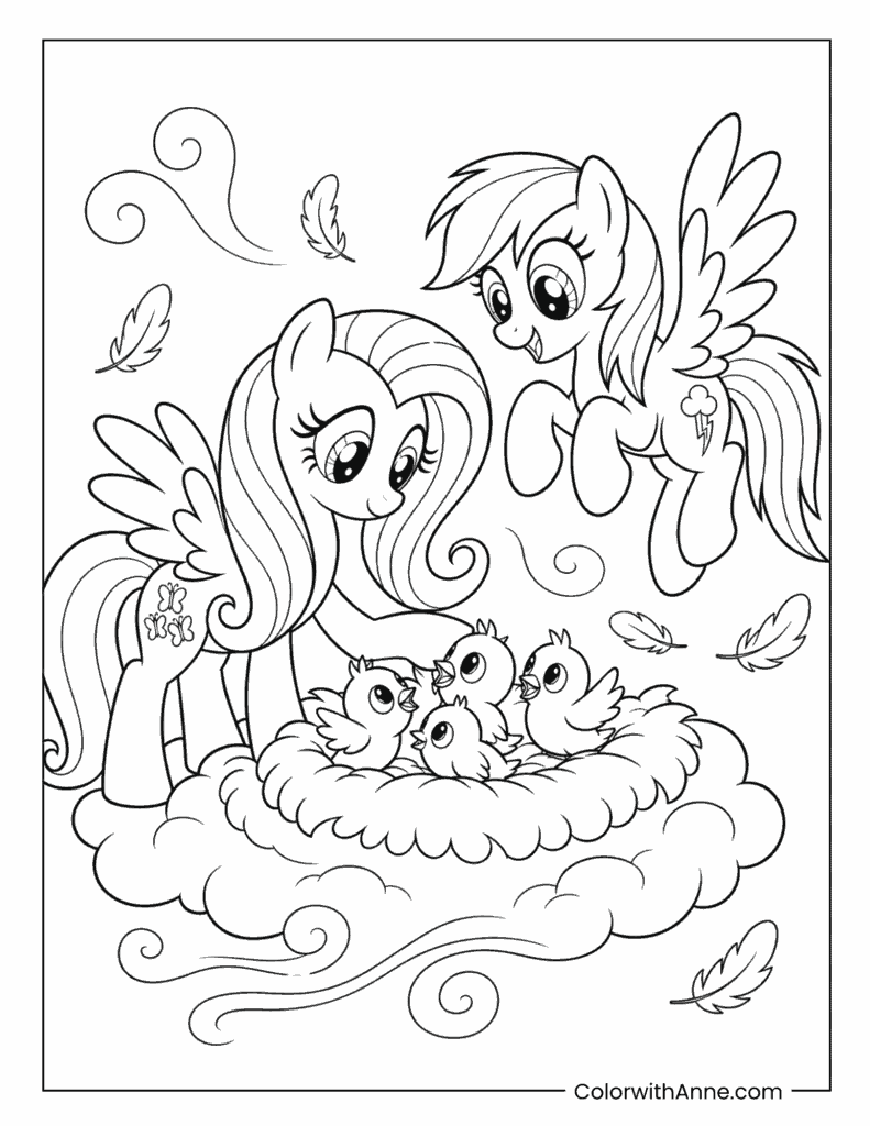 Fluttershy and Rainbow Dash Watching Over Baby Birds Coloring Page