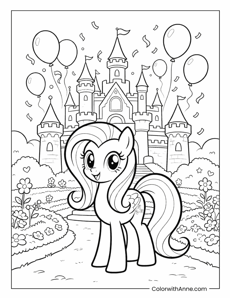 Fluttershy in Front of a Princess Castle Coloring Page