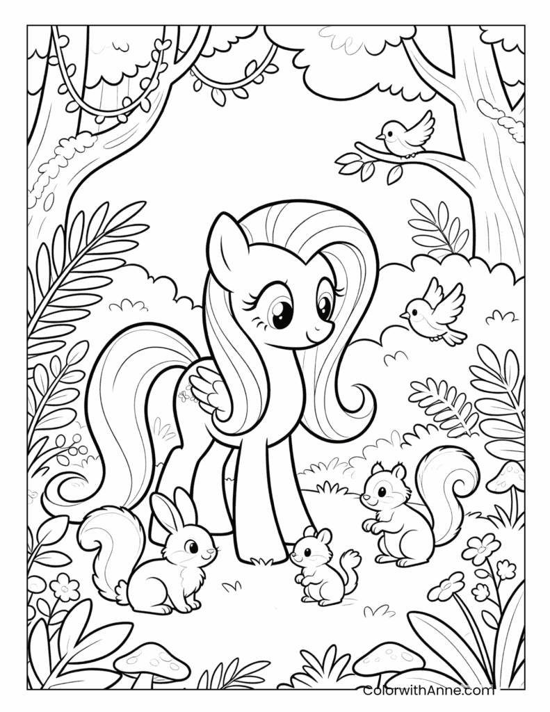 Fluttershy in the Forest with Woodland Animals Coloring Page