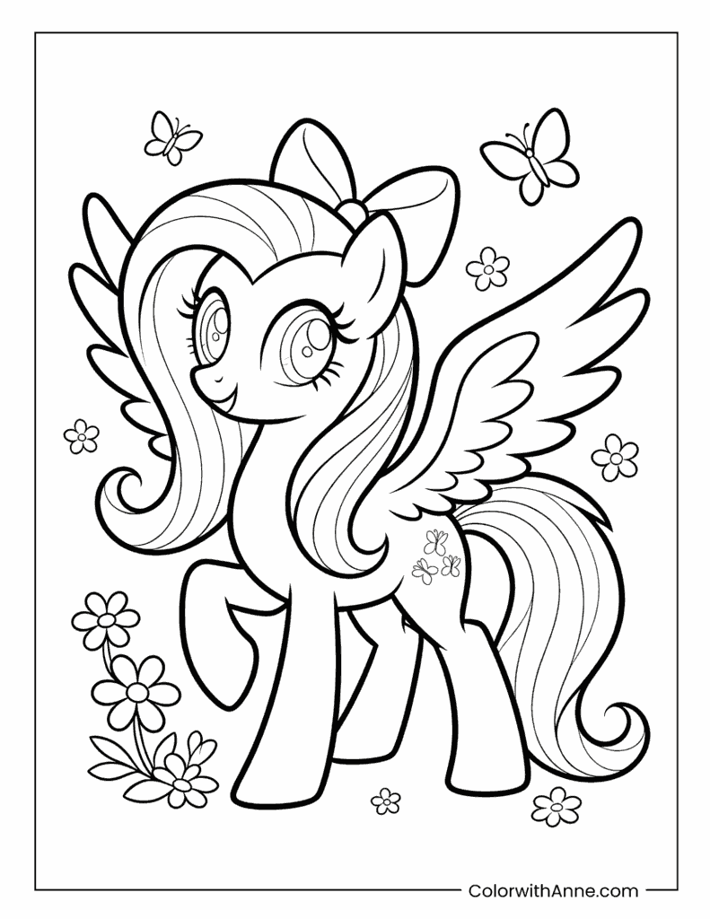 Fluttershy with Flowers and Butterflies Coloring Page