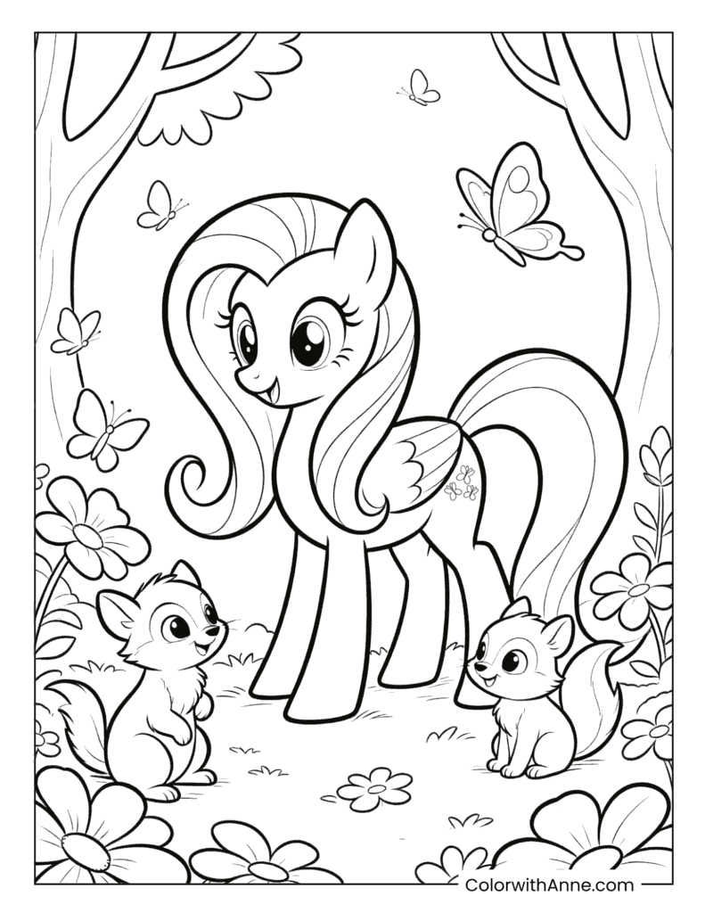 Fluttershy with Woodland Friends Coloring Page