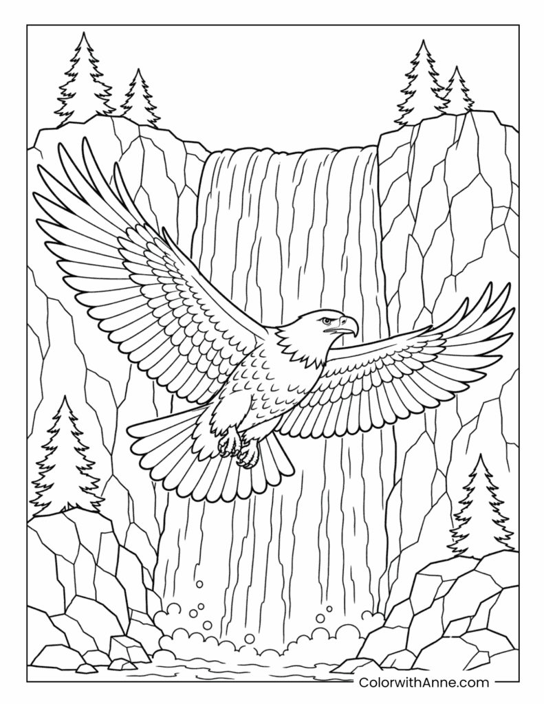 Flying Bald Eagle in Front of a Waterfall Coloring Page