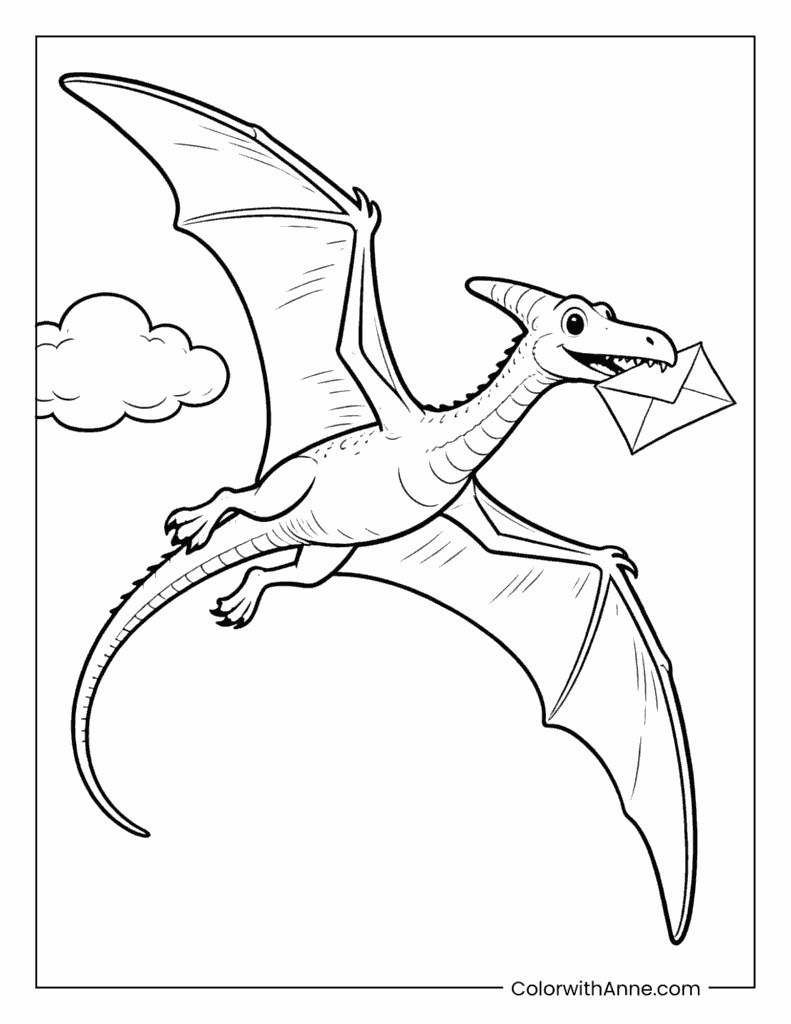 Flying Dinosaur Pterosaur Holding a Letter Coloring Page