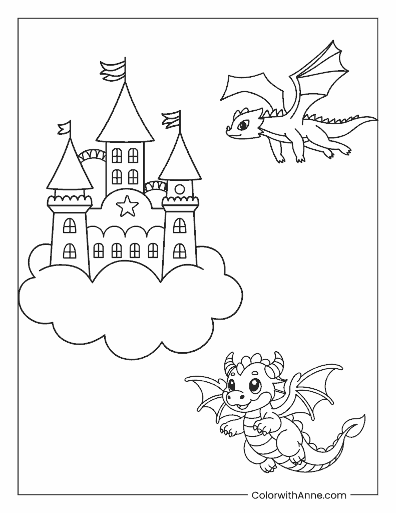 Flying Dragons and Castle in the Sky Coloring Page
