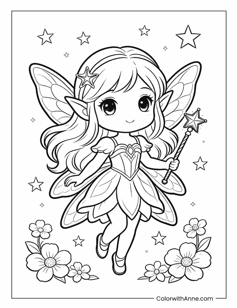 Flying Fairy with Magic Wand and Stars Coloring Page