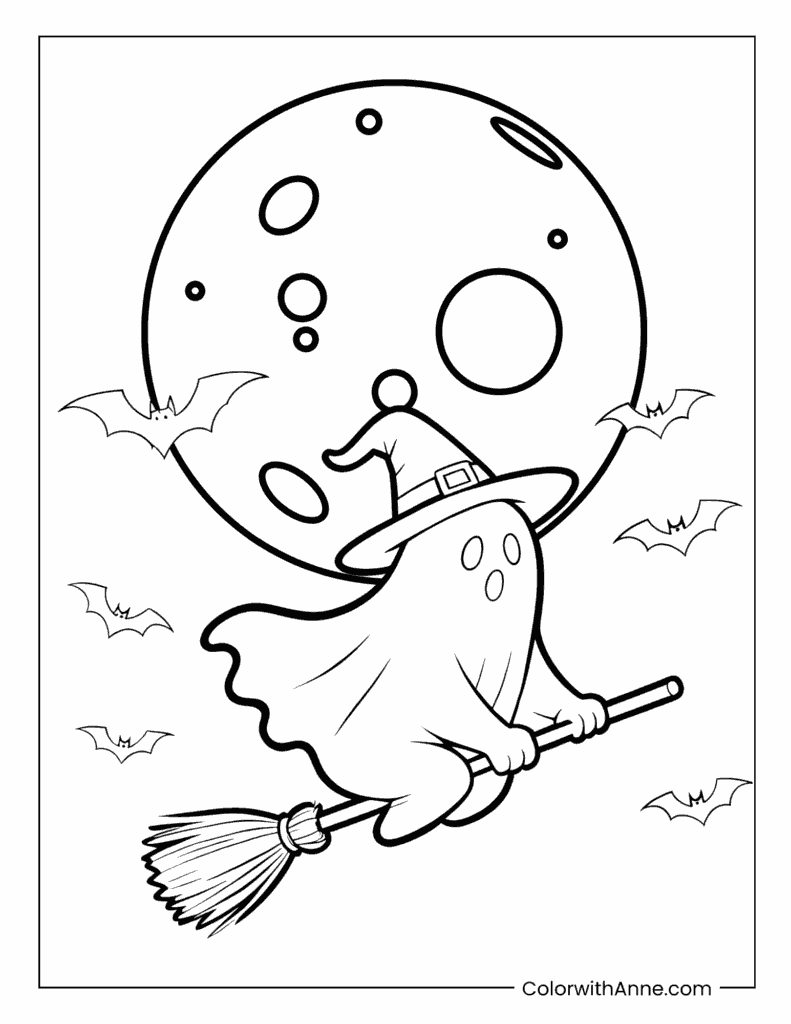 Flying Ghost with Witch Hat Coloring Page