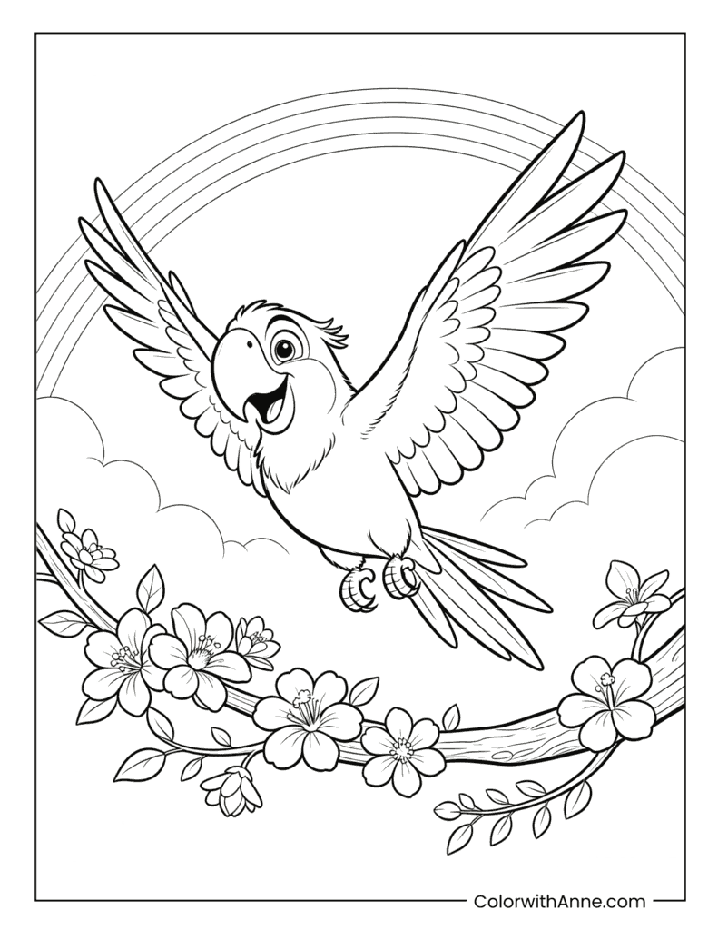 Flying Macaw with Rainbow Coloring Page