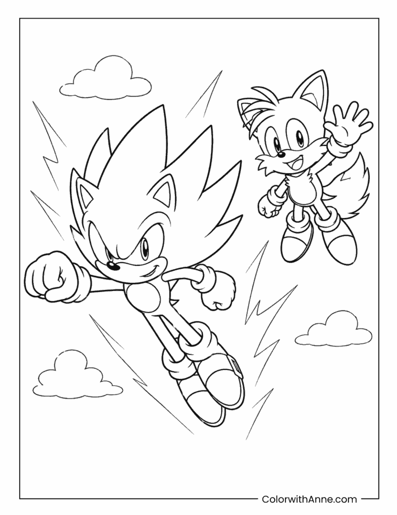 Flying Super Sonic With Tails Among Clouds Coloring Page