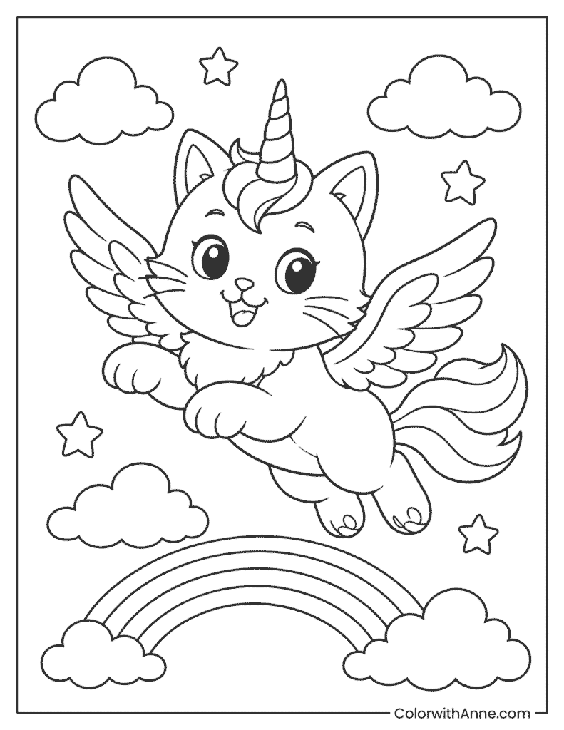Flying Unicorn Cat Coloring Page