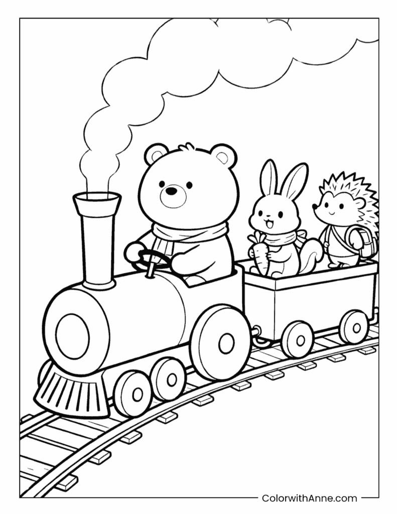 Forest Animal Friends Train Coloring Page