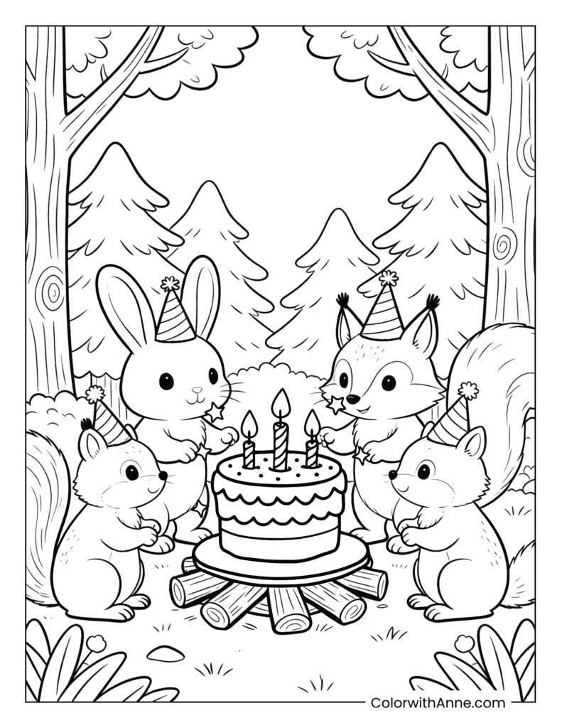 Forest Animals' Birthday Party Coloring Page