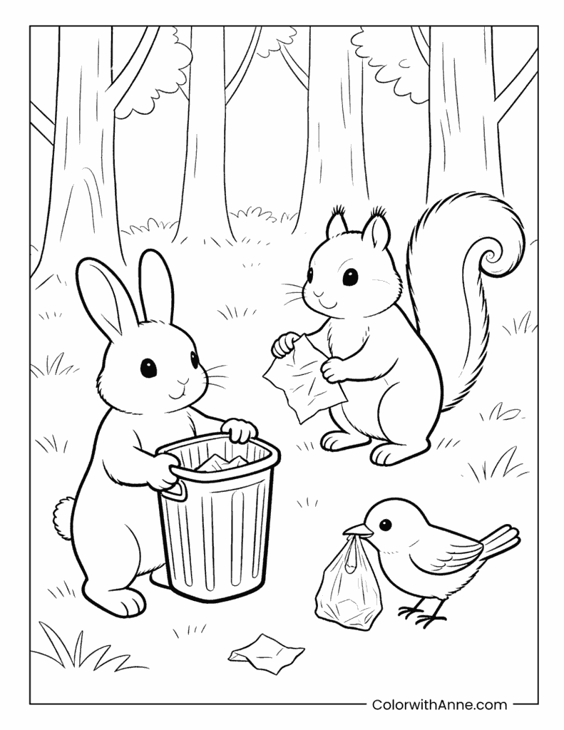 Forest Animals Cleaning Up Earth Day Coloring Page